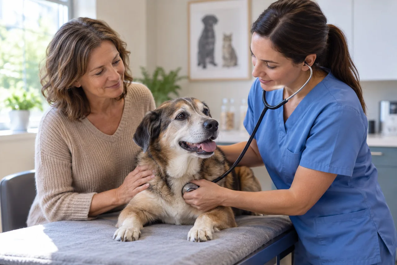 Veterinarian listening to a dog’s chest while its owner watches